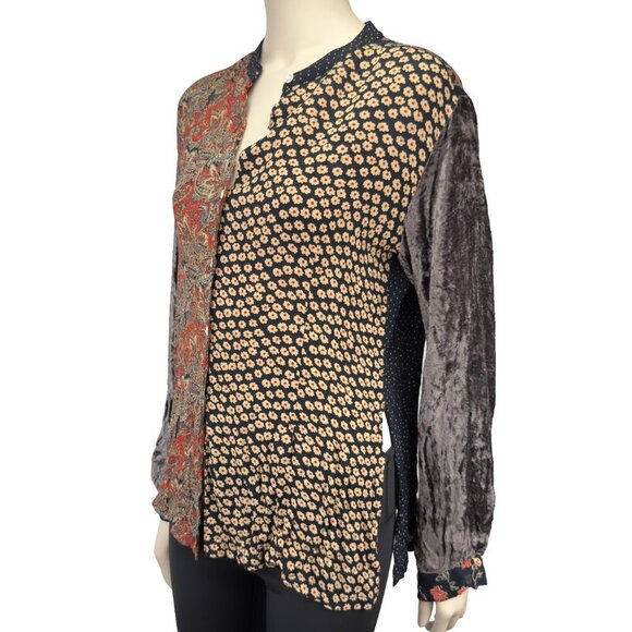 FRENCH CONNECTION Boho Patchwork Multicolor Floral Dot Button-Up Shirt Blouse L - Picture 5 of 11